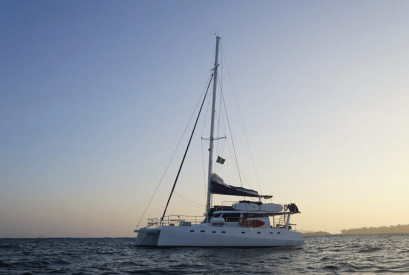 Mirissa: Sunset Catamaran Sailing Boat Tour with Dinner - Swimming and paddleboarding in the clear water